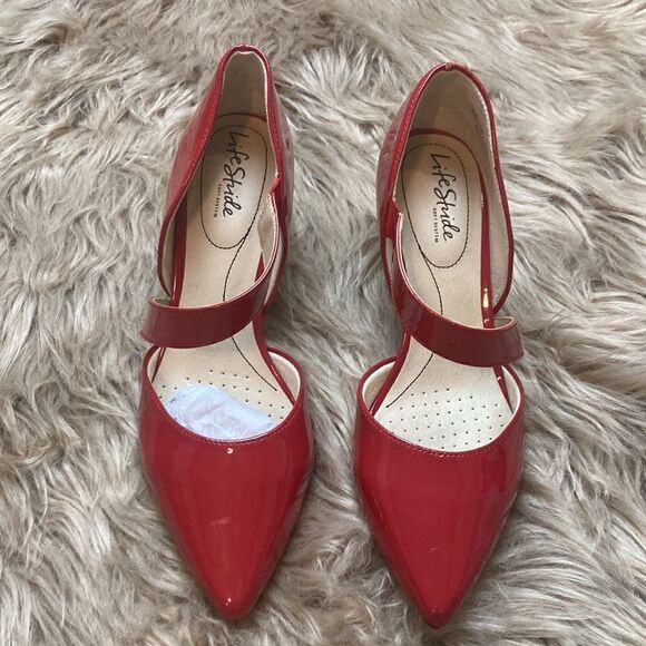 Life Stride Asymmetrical Strap Comfort Insole Pointed Toe Red Suki Pump/heels - Picture 3 of 16